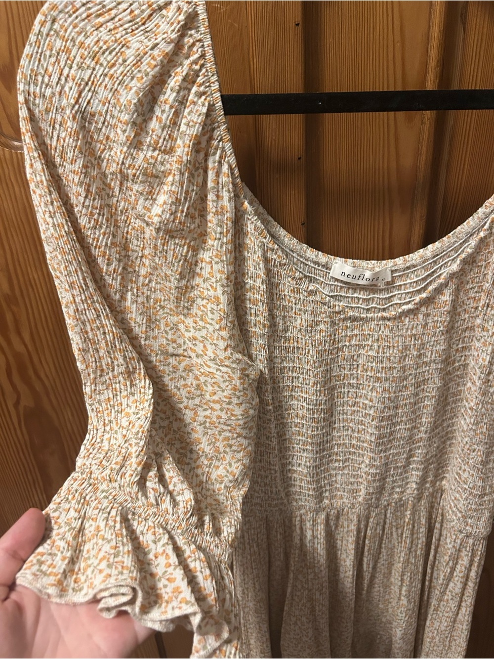 Neuflora Smocked Cream Citrus Floral Midi Dress with Puff Sleeves - Picture 3 of 5